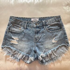 Pistola Studded Denim Jean Shorts with Distressed Frayed Hem, Size 27